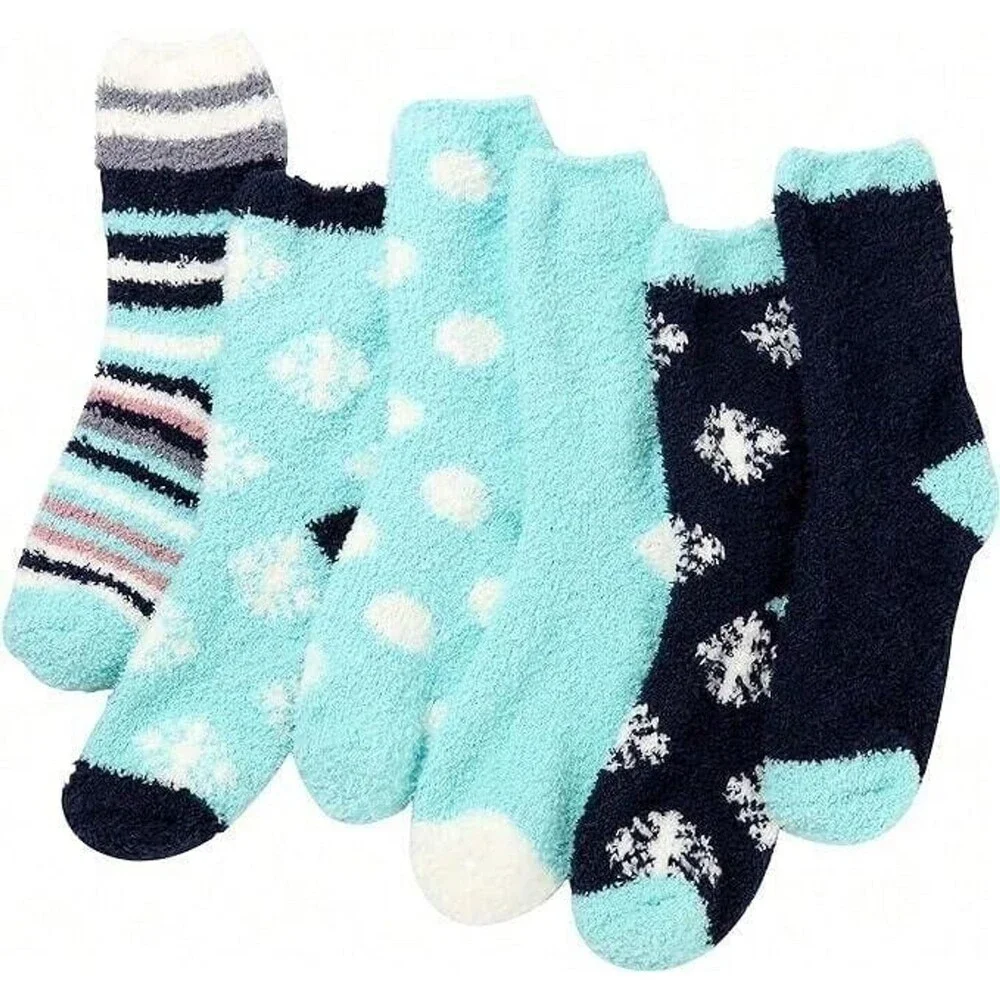 Women’s 6 Pack Fuzzy Warm Slipper Socks Soft Plush Winter Cozy Size 9-11